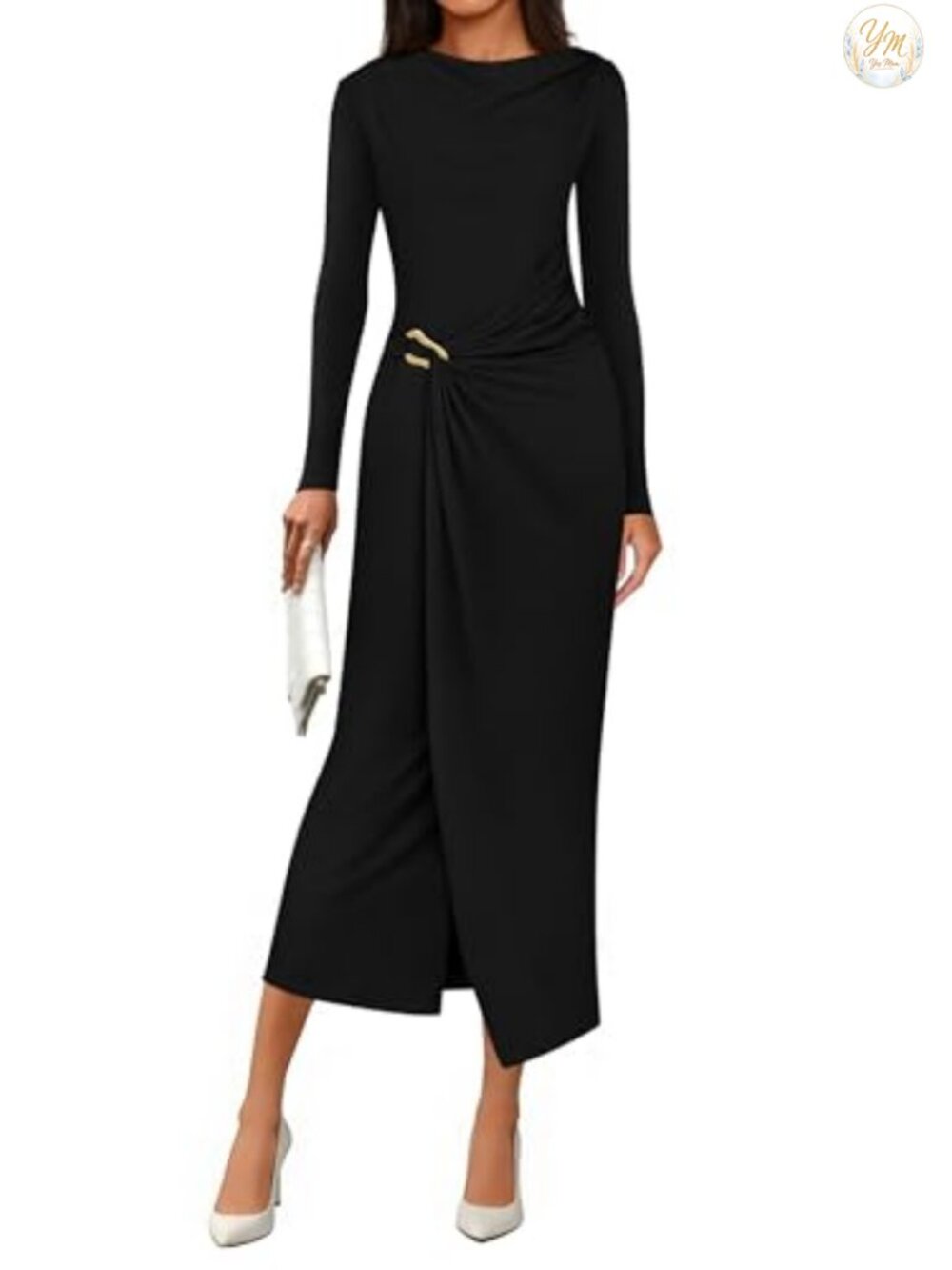 Cowl Neck Long Sleeve Bodycon Midi Dress Ruched Wrap Hem Semi Formal